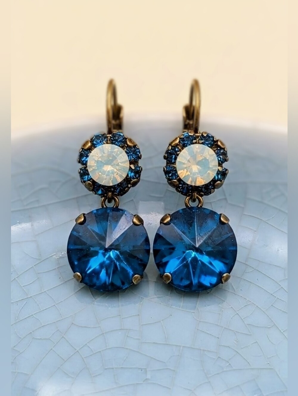 Aquamarine Blue & Pacific Opal Flower By Swarovski In Drop Down Brass Earrings